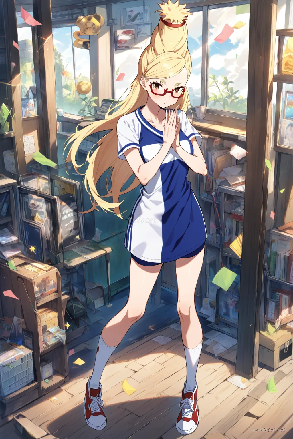 Full body illustration of Seiko Ayase in school gym outfit with short jersey, navy bloomers, white knee socks, and sneakers, standing