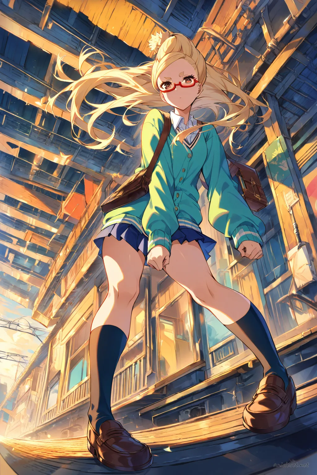 Full body illustration of Seiko Ayase in school outfit with navy cardigan, pleated skirt, knee socks, brown loafers, and leather book bag