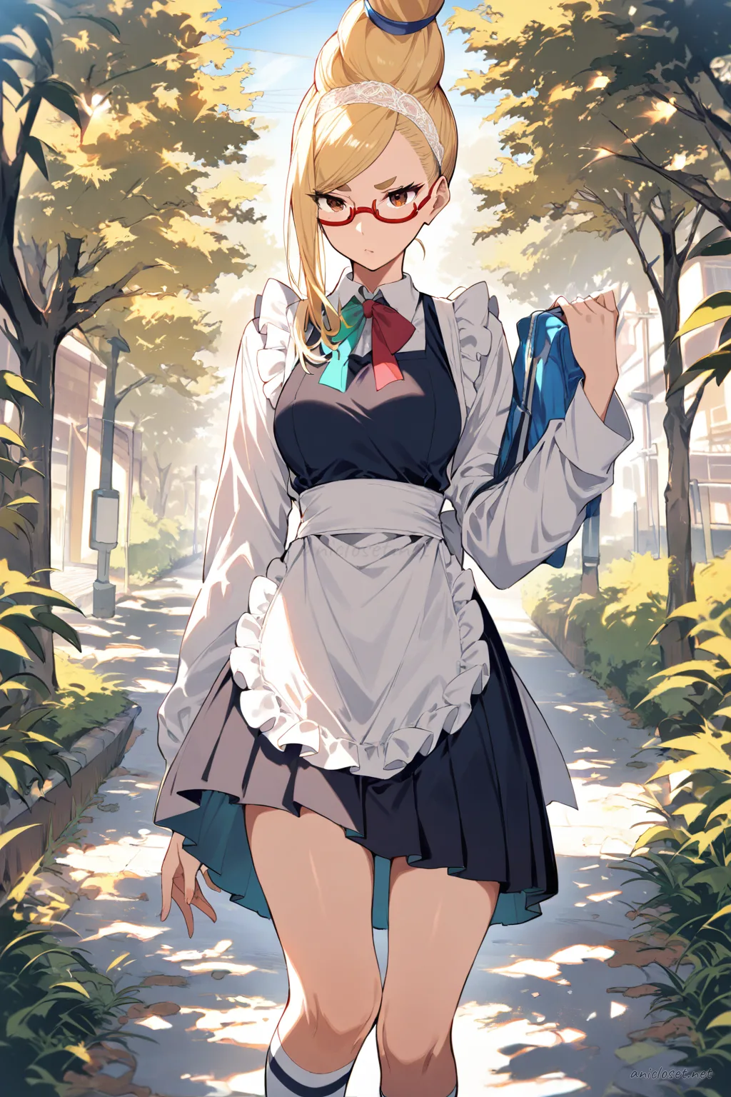 Illustration of Seiko Ayase in a school outfit with maid-cafe apron, white blouse, black pleated skirt, lace headband, knee-high socks, and mary janes, cowboy shot from front