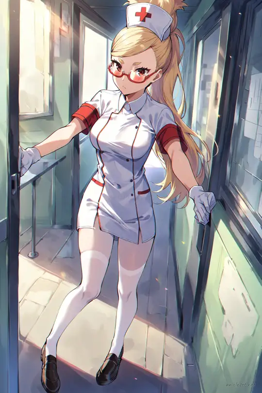 Full body illustration of Seiko Ayase in a fitted nurse uniform dress with short hem, nurse cap, red cross armband, sheer white tights, mary janes, and white gloves, standing