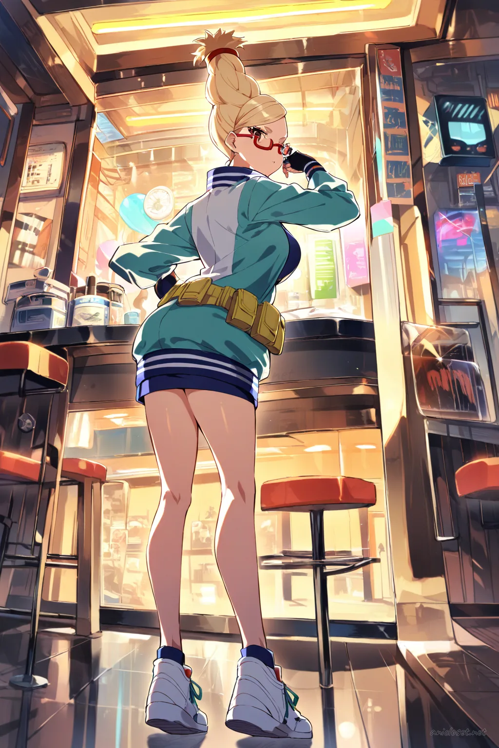 Full body three-quarter view of Seiko Ayase in paramedic EMT uniform with fitted jacket, reflective stripes, short cargo skirt, utility belt, and white sneakers
