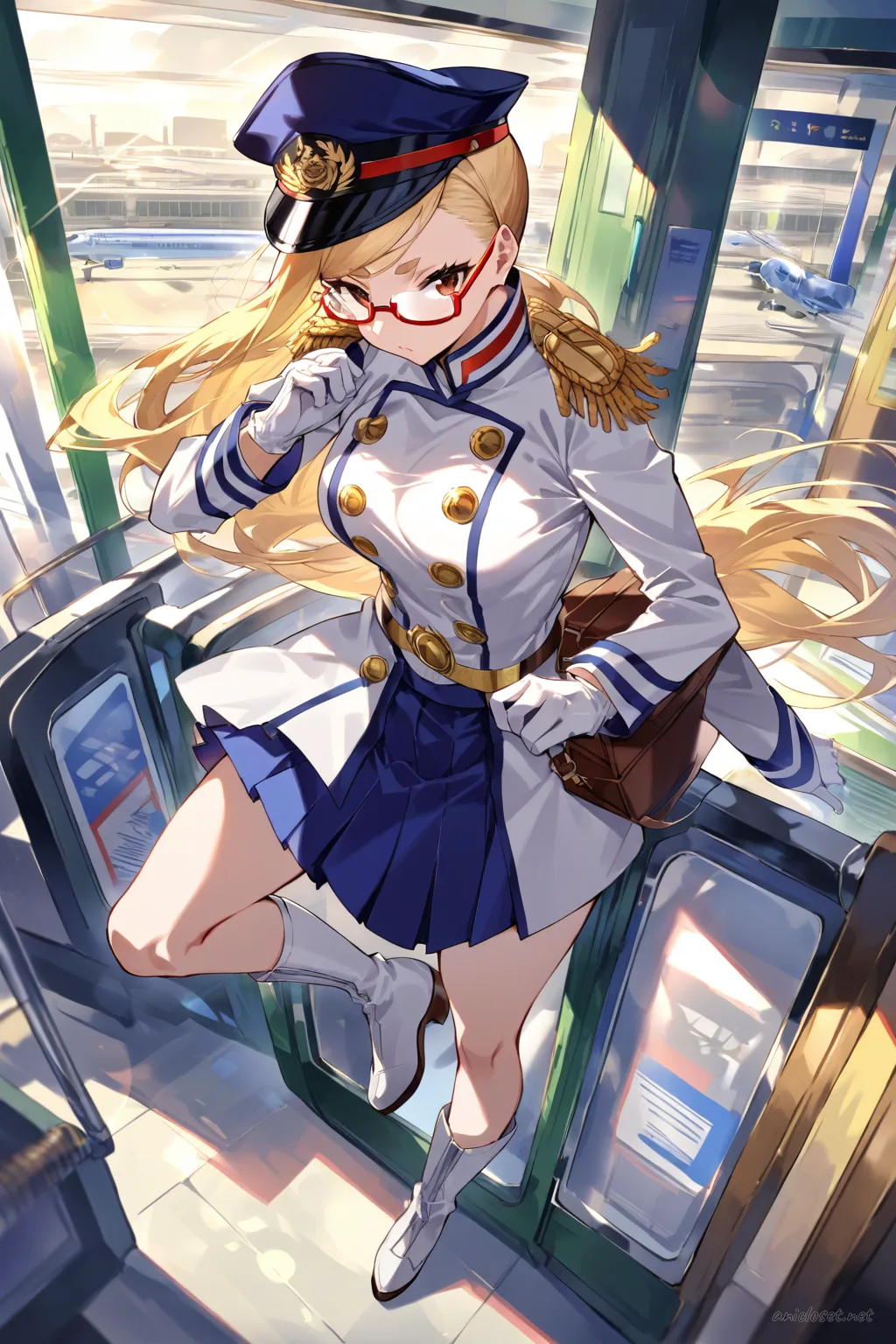 Full body illustration of Seiko Ayase in military-dress parade uniform with peaked cap and polished knee-high boots