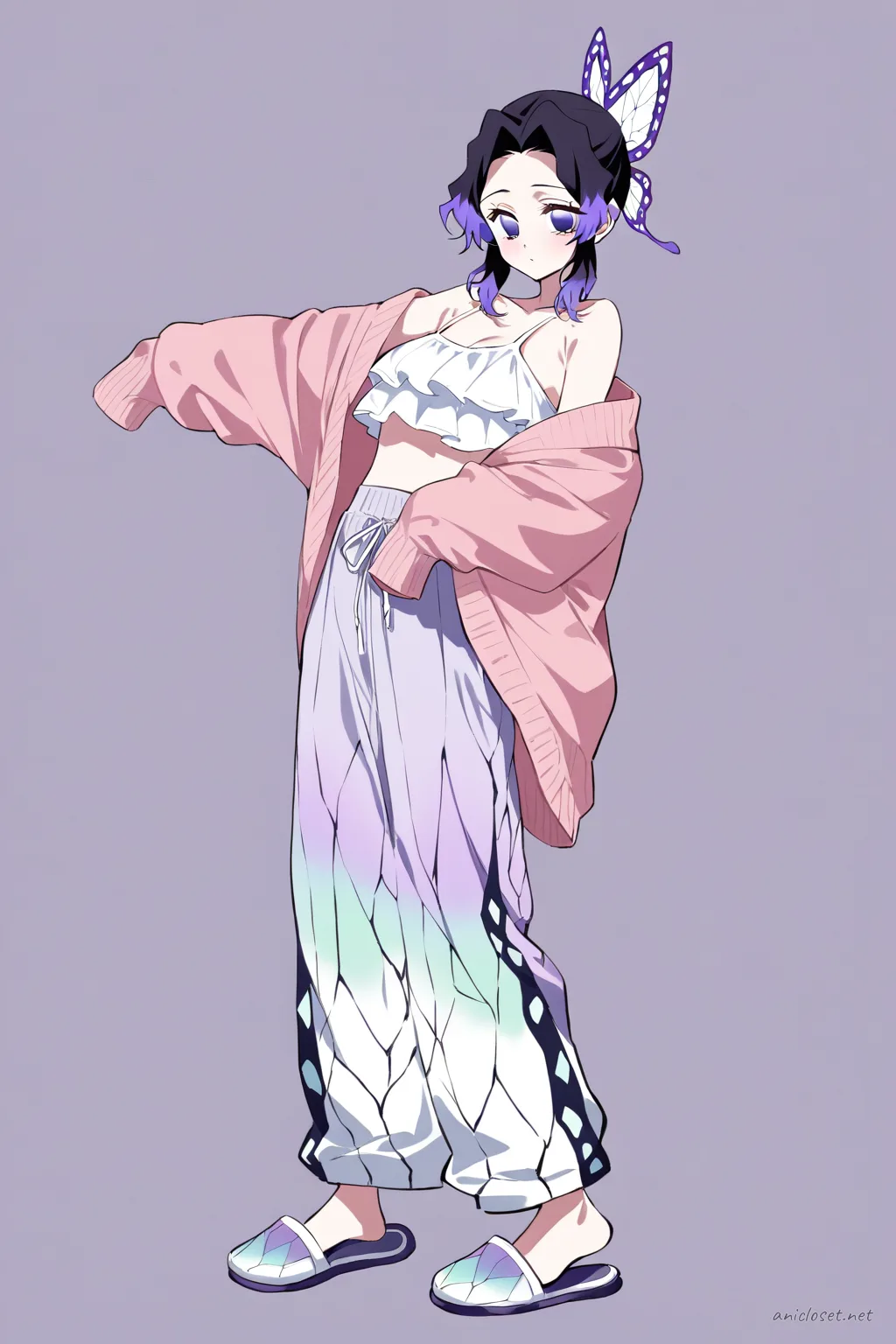 Full-body illustration of Shinobu Kocho standing in a clean studio wearing an oversized cardigan, soft lounge pants, simple camisole, and slip-on slippers