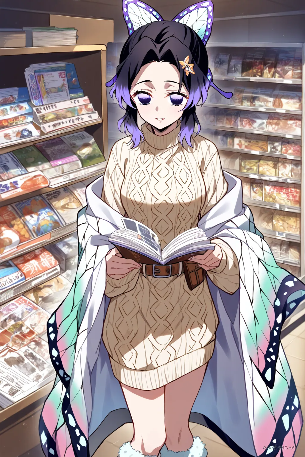 Illustration of Shinobu Kocho in a cream knit sweater dress with brown belt, fuzzy knee socks, and beige slippers, curling on sofa with magazine and throw blanket