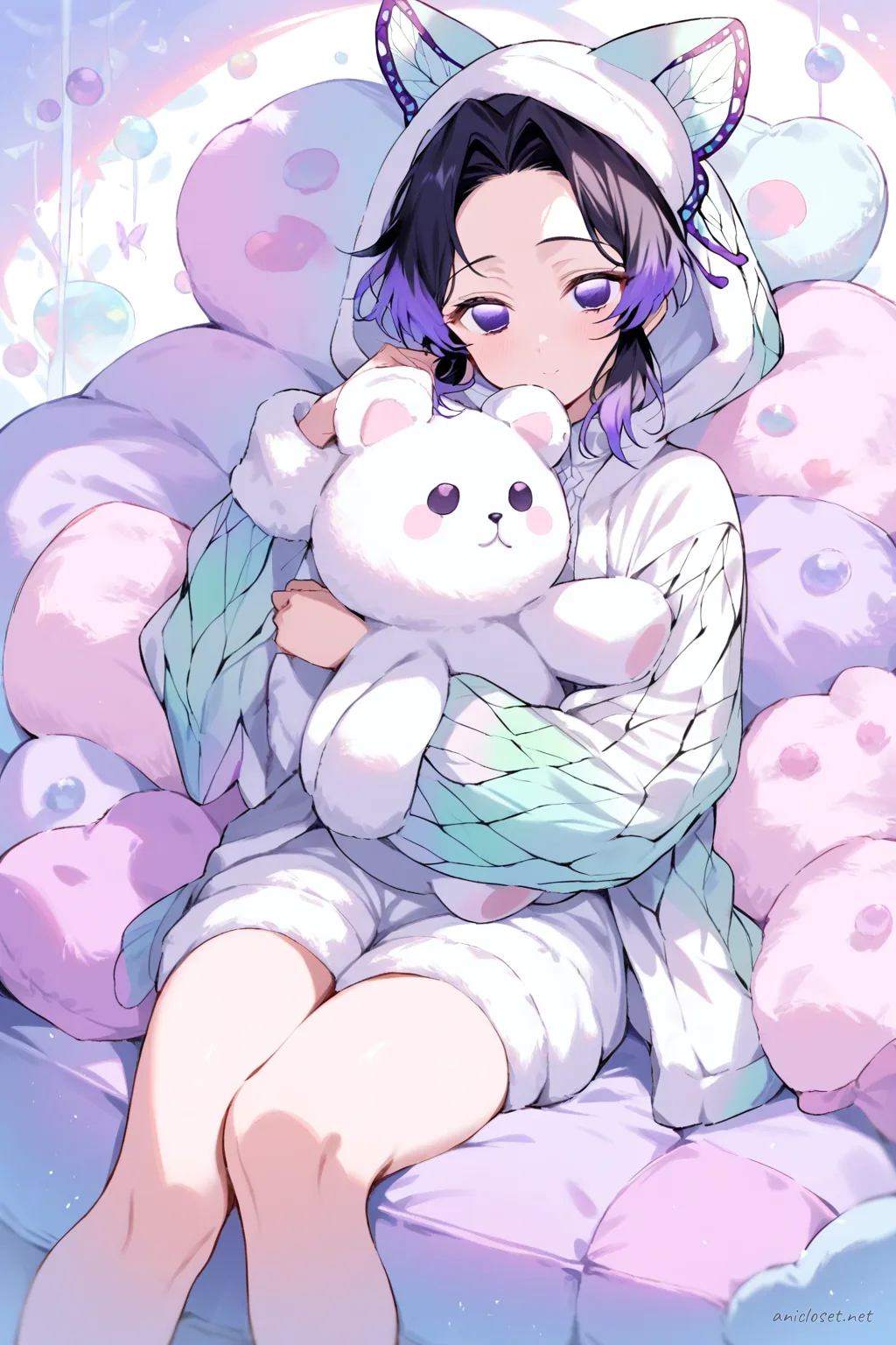 Full-body three-quarter view of Shinobu Kocho wearing a pastel one-piece animal kigurumi pajama with plush hood and paw cuffs, sitting on a beanbag in a fairy-light room