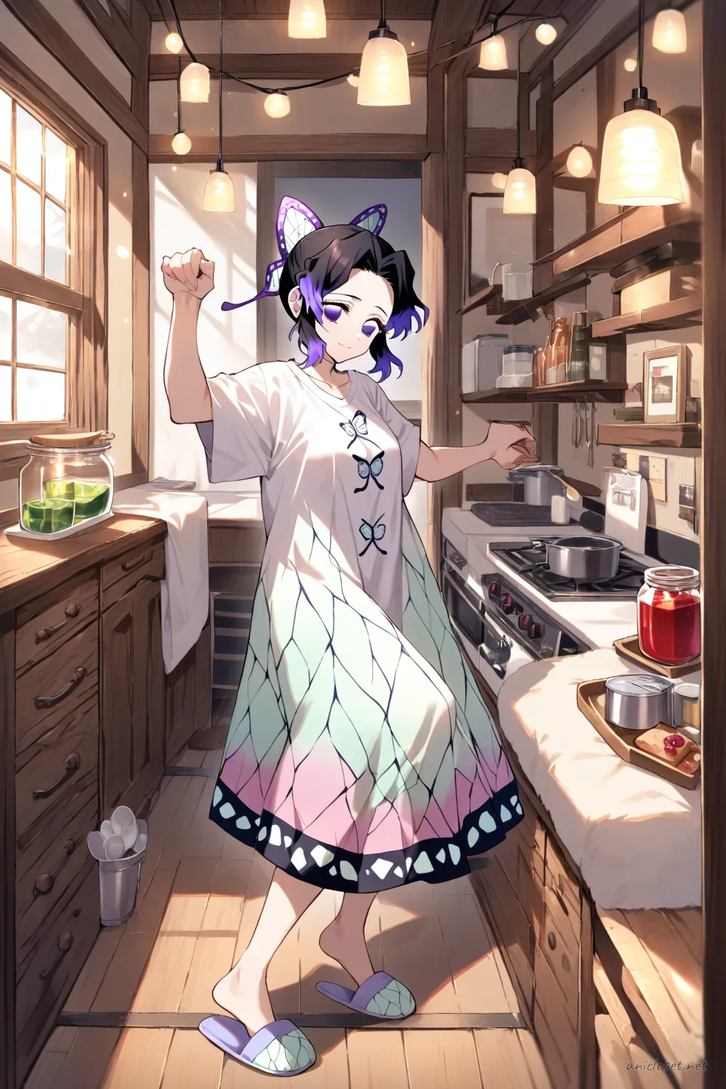 Full-body illustration of Shinobu Kocho in a satin robe layered over a graphic tee dress, wearing house slippers, standing in a kitchen doorway holding toast and a jam jar