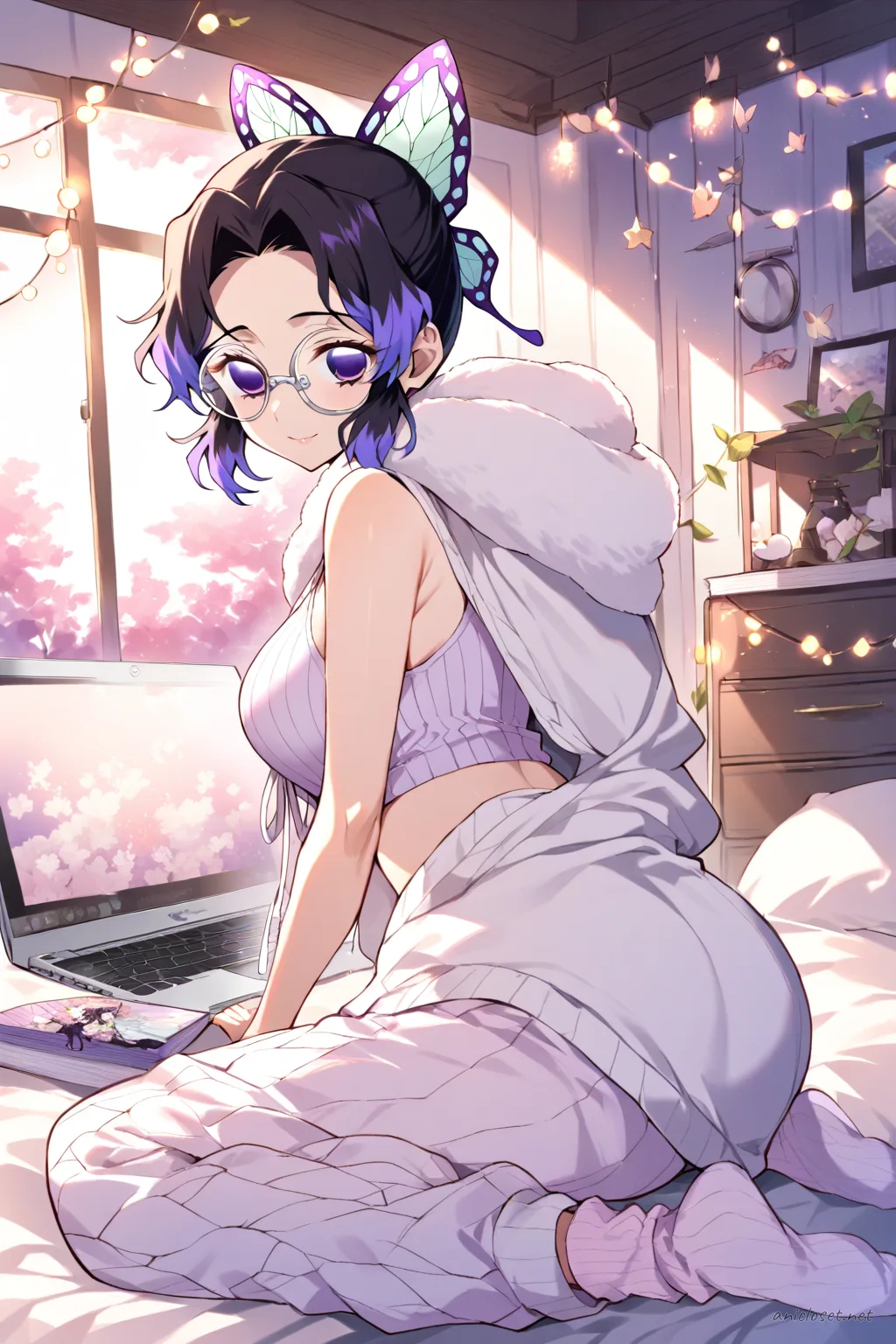 Illustration of Shinobu Kocho lying on stomach on bed wearing pastel lavender ribbed crop top and pastel pink ribbed drawstring lounge pants with white fuzzy socks, silver round glasses, and soft cream cardigan, using laptop with fairy lights in background
