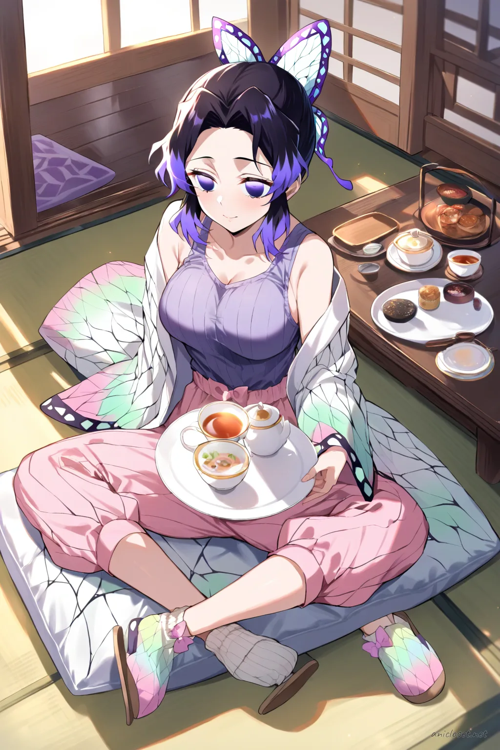 Full-body illustration of Shinobu Kocho in a soft ribbed knit tank top, lightweight short cardigan, wide-leg pastel pink pants, cozy knit socks, and slip-on house slippers, standing against a clean studio backdrop