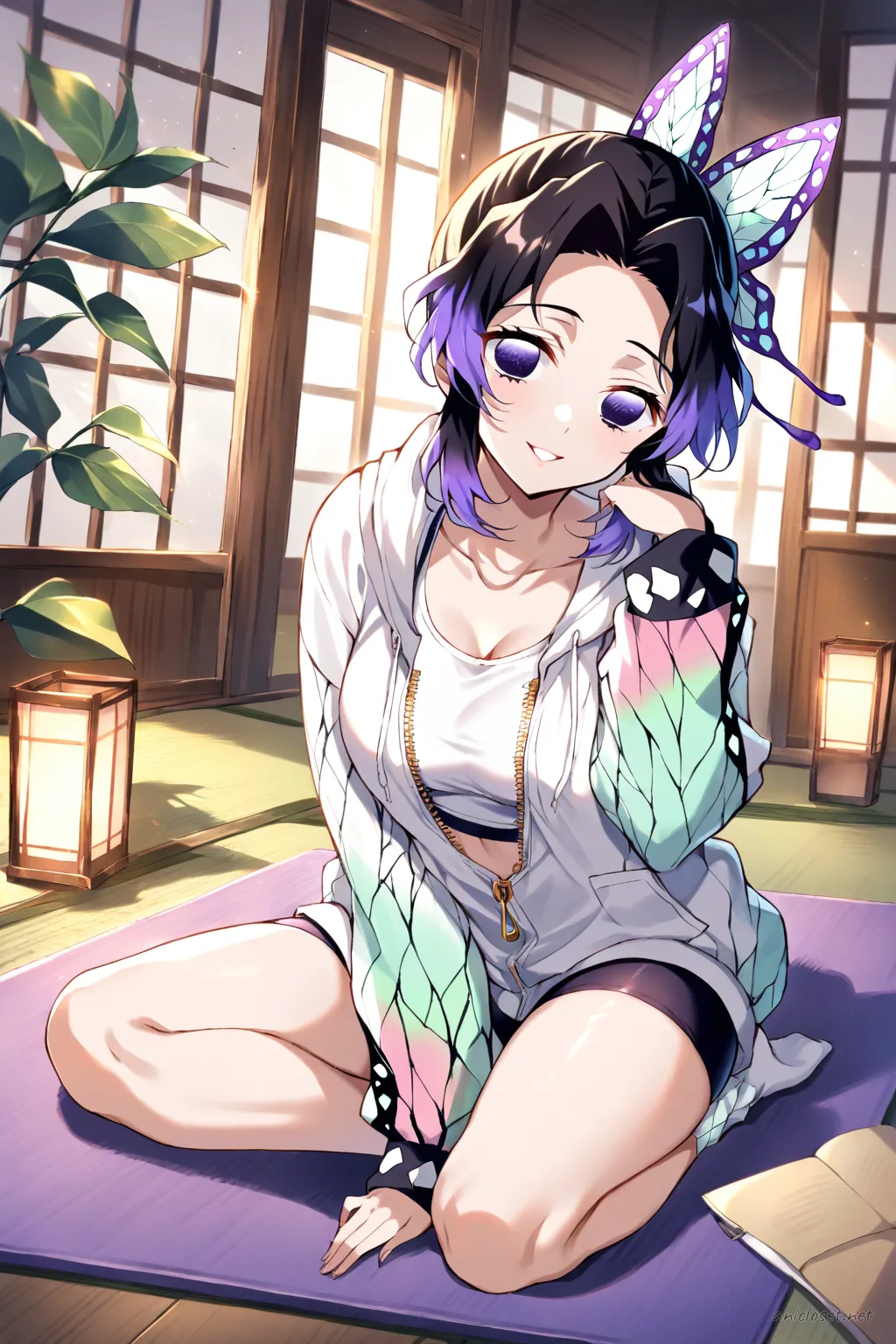 Illustration of Shinobu Kocho in a knee-up half-body pose wearing a half-open zip hoodie over a sport bra top, bike shorts, and ankle socks, stretching on a yoga mat in a tidy living room with soft window lighting and fairy lights