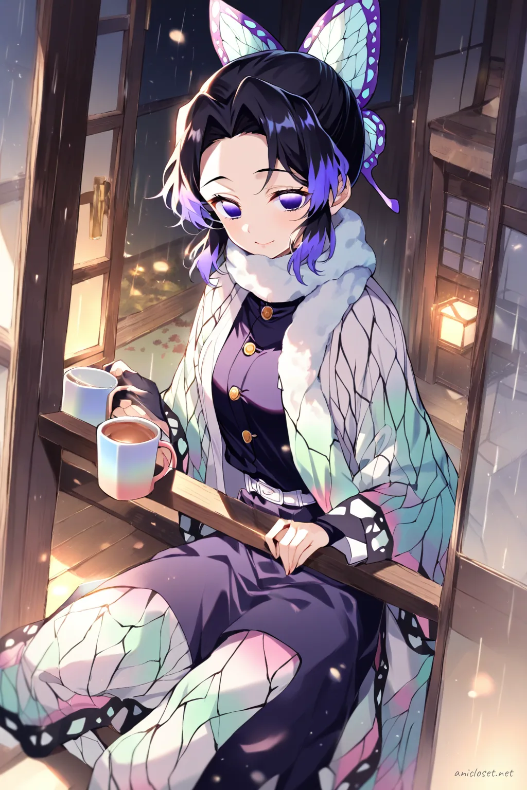 Shinobu Kocho wearing a long knit tunic over patterned leggings with a wool scarf, holding a warm ceramic mug, leaning on a balcony door with rain-streaked glass