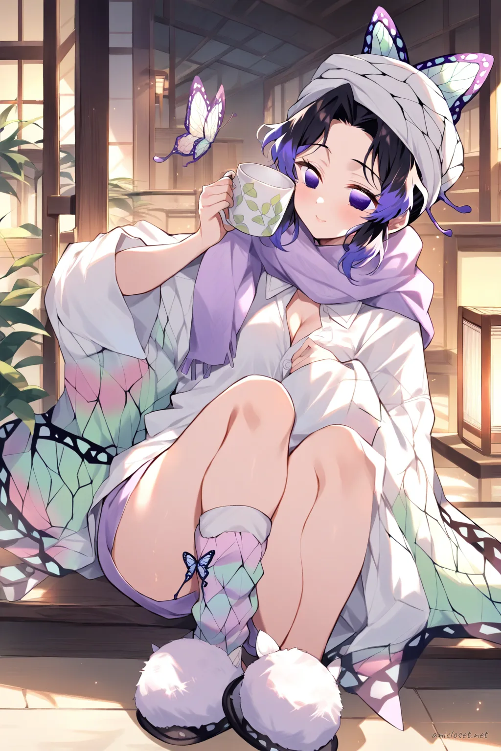 Full-body illustration of Shinobu Kocho standing in a lounge outfit with oversized white button-up shirt, pastel lavender shorts, towel turban, and cozy socks, holding a ceramic mug in front of a vanity mirror with soft sunrise lighting
