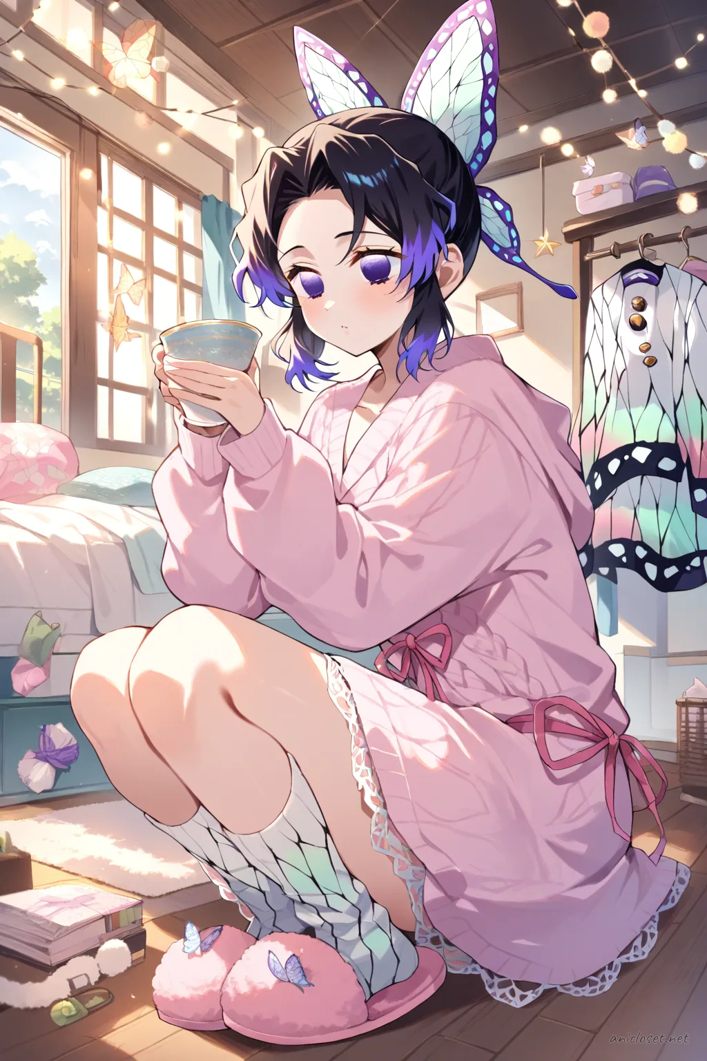 Full-body illustration of Shinobu Kocho in a soft pink knit lounge dress with ribbon waist and lace hem, standing in a bedroom with hanging clothes and string lights