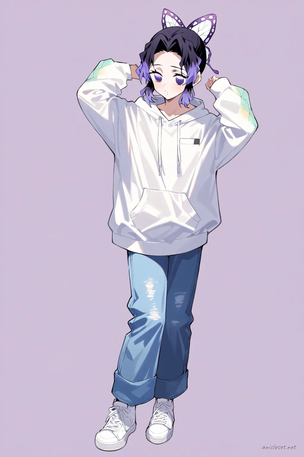 Full-body three-quarter view of Shinobu Kocho wearing an oversized hoodie, light blue cuffed jeans, and white low-top sneakers against a simple studio background