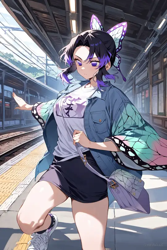 Illustration of Shinobu Kocho wearing a washed denim jacket, graphic t-shirt, black mini skirt, chunky white sneakers, and crossbody bag at a city crosswalk