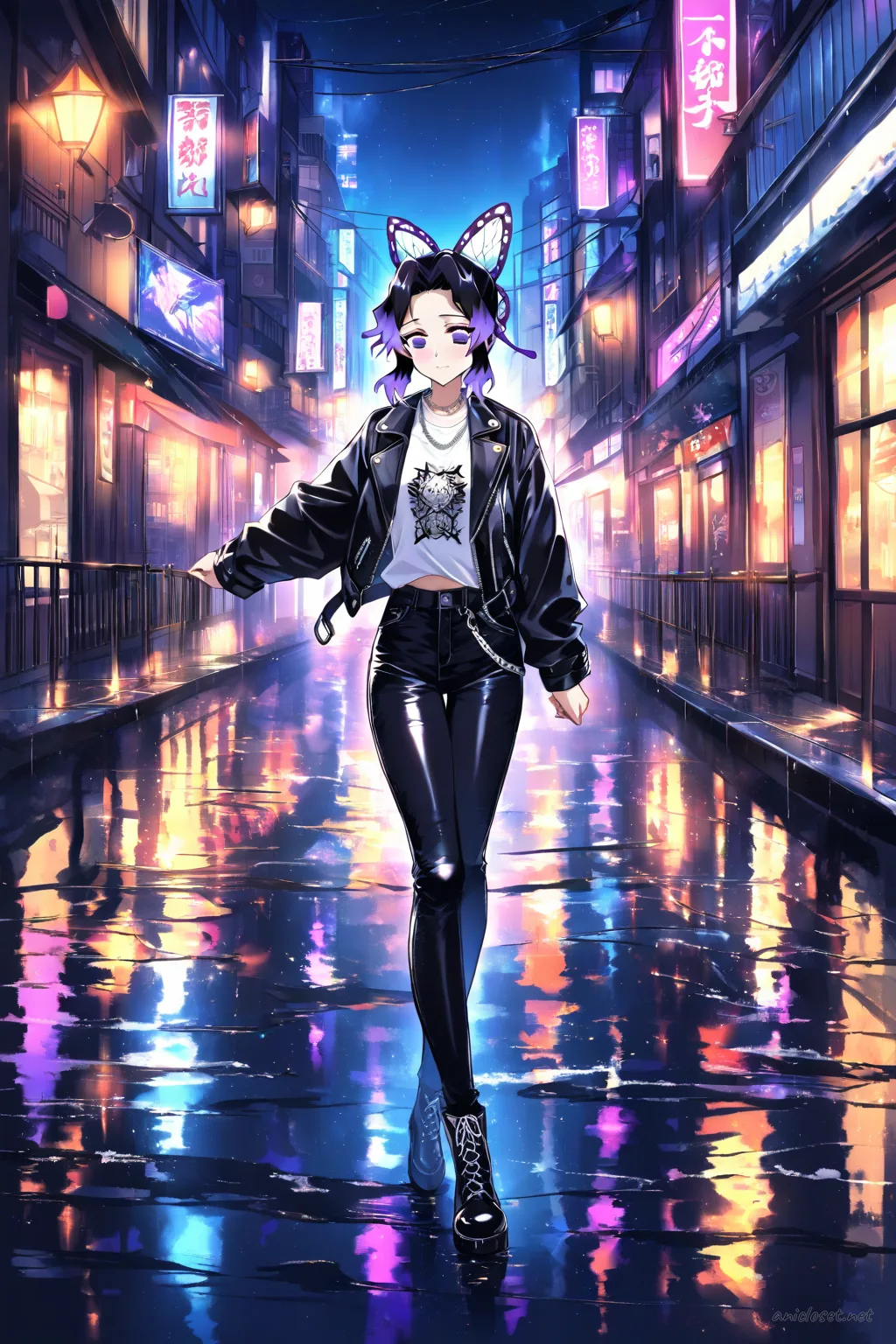 Full-body illustration of Shinobu Kocho in a black leather jacket, white graphic tee, slim black jeans, and black combat boots, leaning on a metal railing at night with neon reflections on wet asphalt