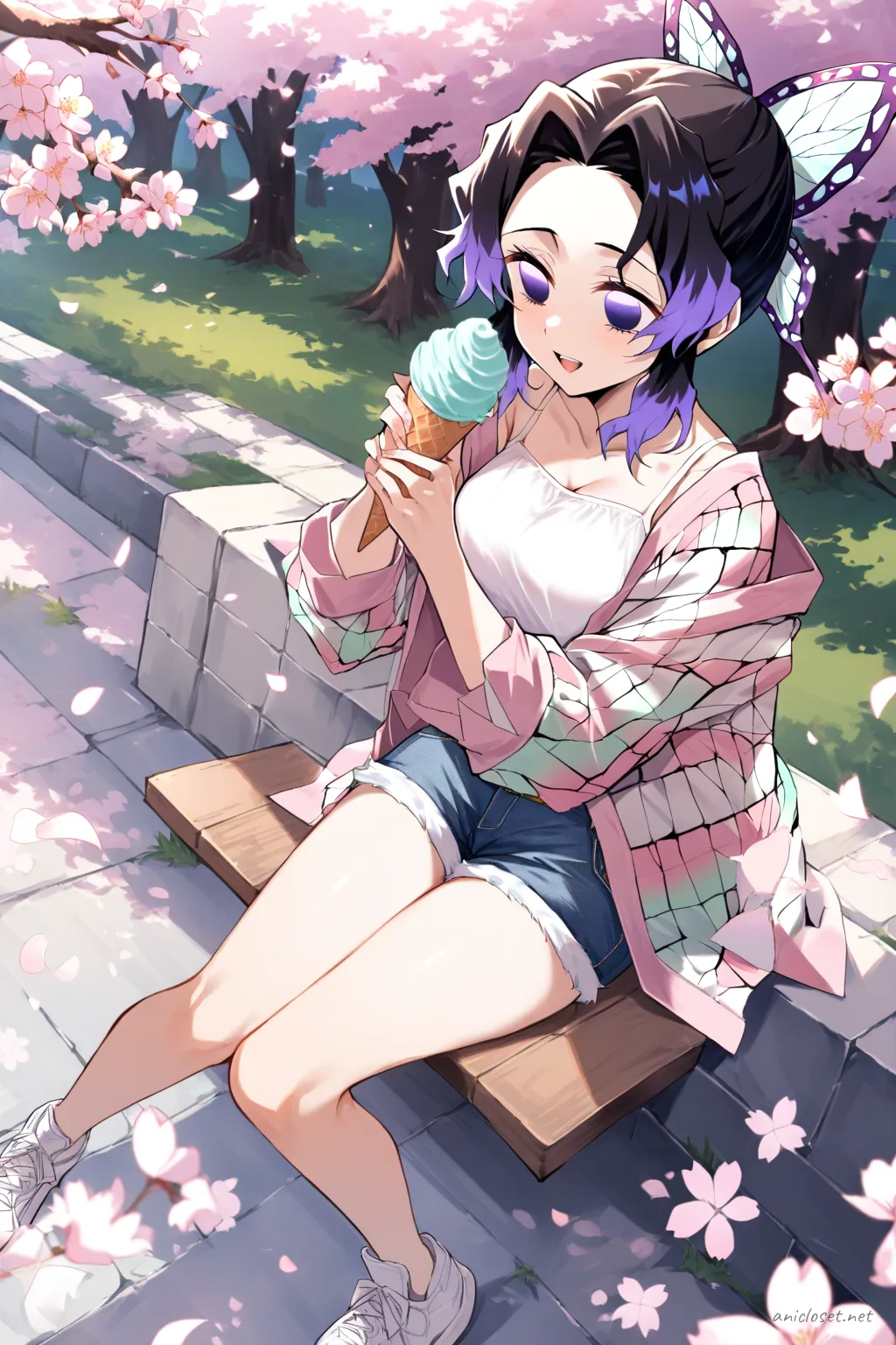 Full-body illustration of Shinobu Kocho in street casual outfit sitting on a curb holding ice cream, with cherry blossom trees and park path in background