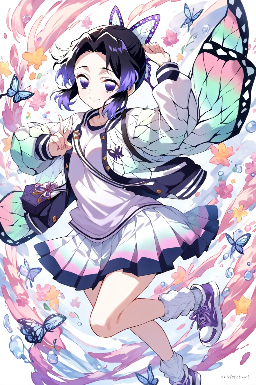Full-body illustration of Shinobu Kocho wearing a white and navy blue varsity jacket, pleated white tennis skirt, white ankle socks, and white pastel purple sneakers, walking outside a school gate with bike racks and late-afternoon shadows