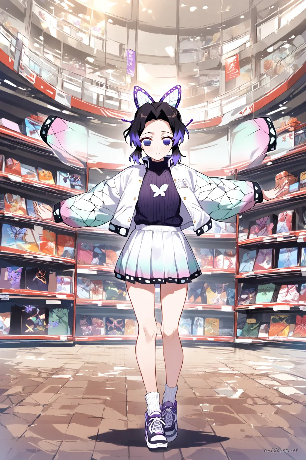 Illustration of Shinobu Kocho in a cropped varsity jacket, ribbed tank top, micro tennis skirt, crew socks, and sneakers, leaning on a skate-park rail in late afternoon light