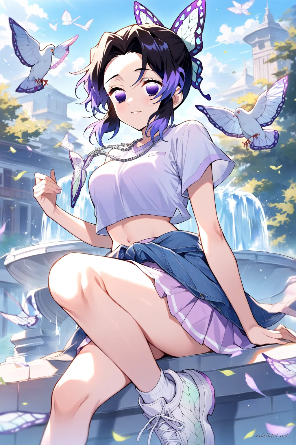 Illustration of Shinobu Kocho in pastel lavender tennis skirt, white cropped tee, white chunky sneakers, scrunchie, twirling in plaza with pigeons under bright sky