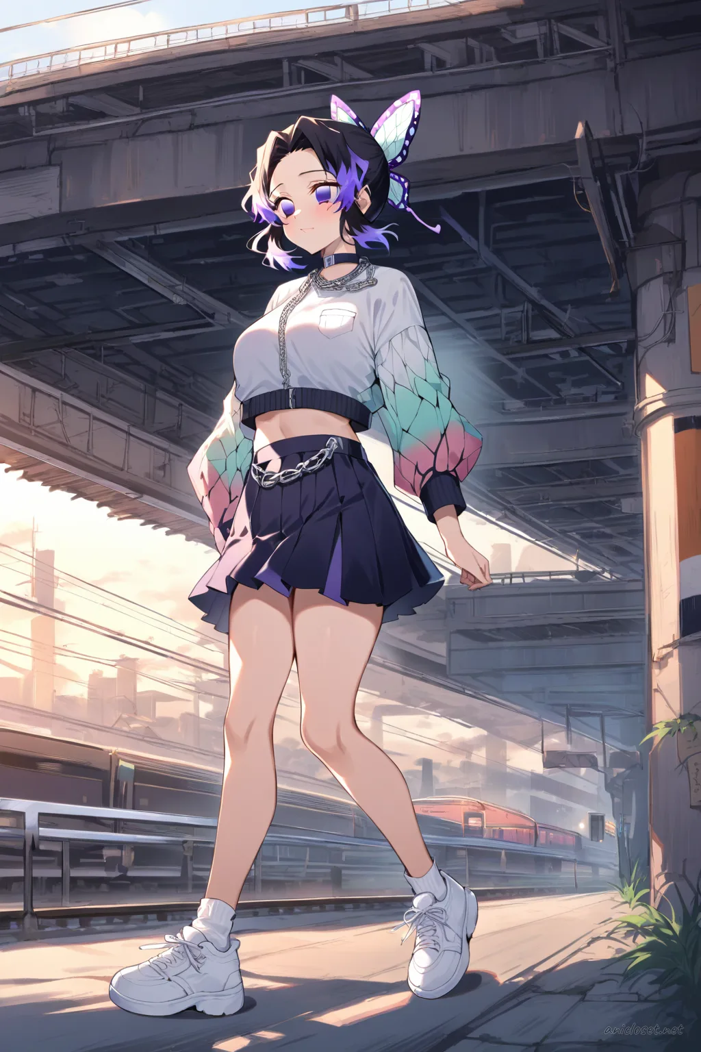 Knee-up illustration of Shinobu Kocho in a cropped bomber jacket and short pleated tennis skirt, standing under elevated train tracks with a motion blur train overhead during golden hour