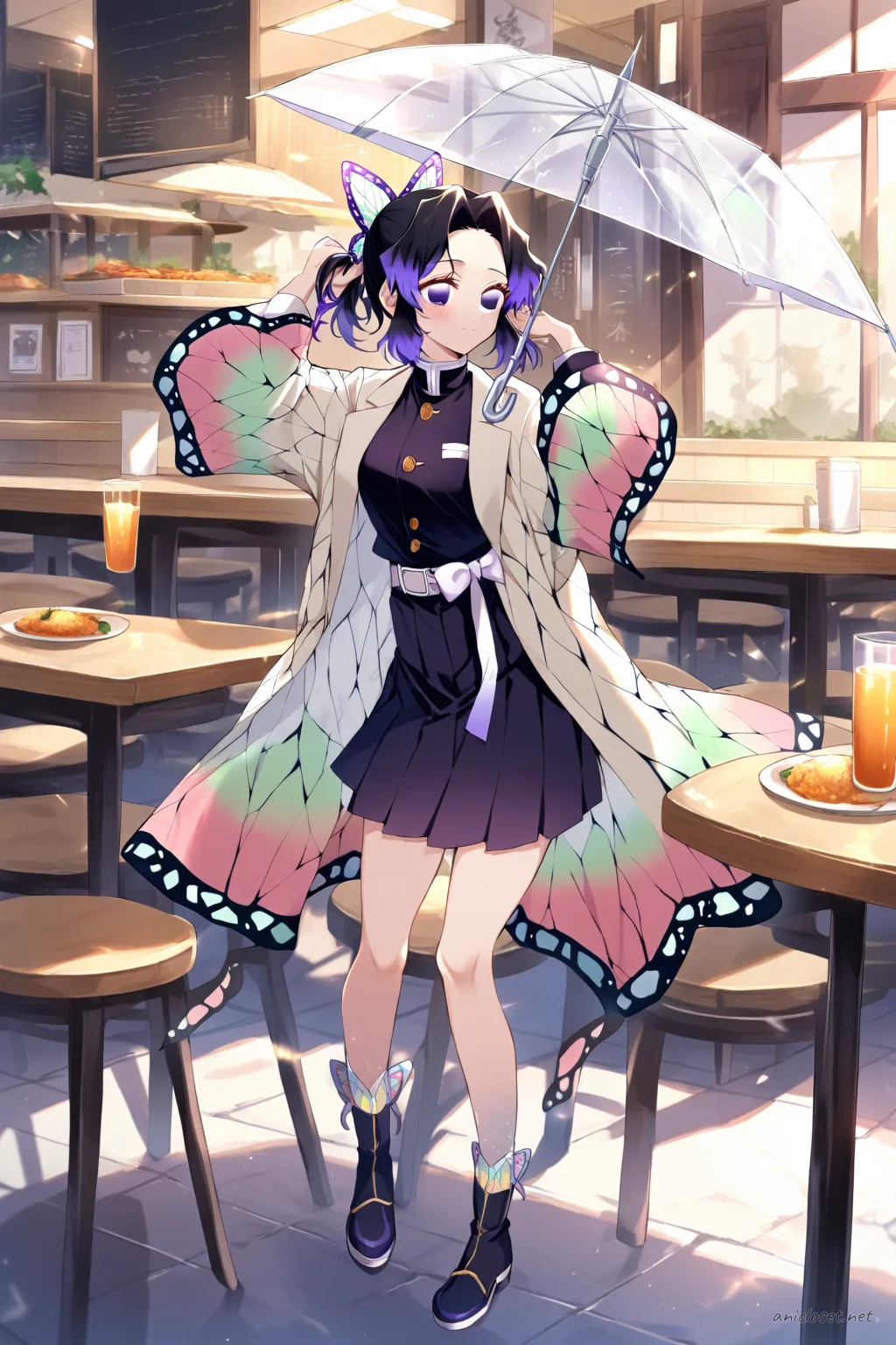 Full body illustration of Shinobu Kocho wearing a pastel beige trench coat with ribbon belt, pleated skirt, mid-calf boots, holding a clear umbrella on a rainy street