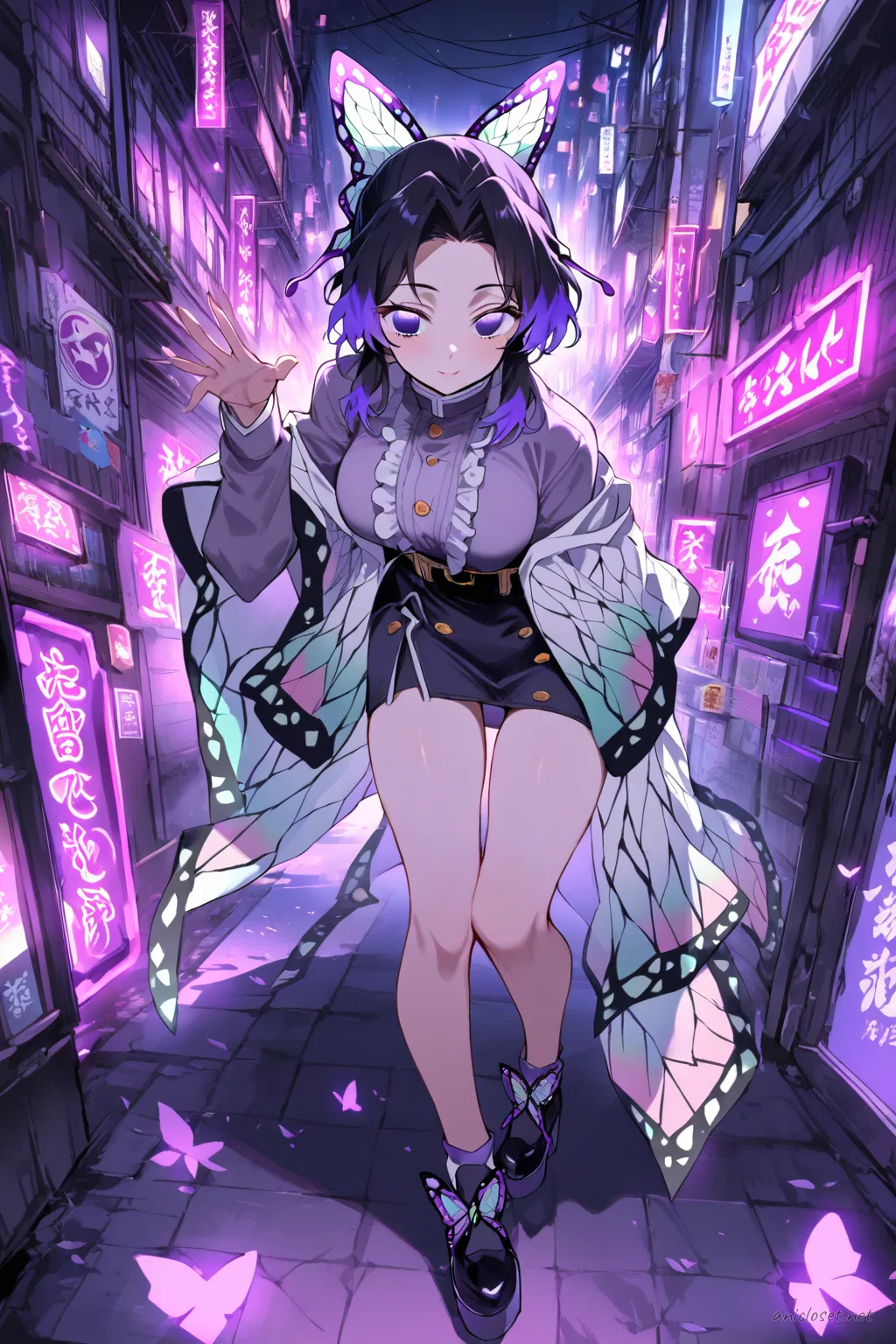 Shinobu Kocho in street casual outfit with white frilly blouse, black short skirt, platform shoes, and purple ribbons posing in neon alley