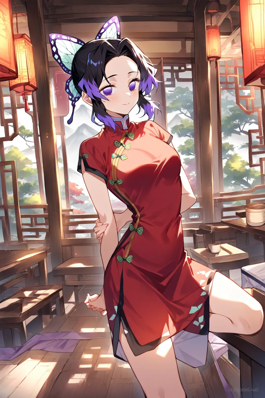 Illustration of Shinobu Kocho wearing a classic red qipao with gold trim, frog buttons, and modest hem