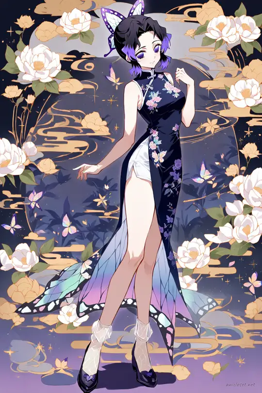 Full-body illustration of Shinobu Kocho wearing a navy cheongsam with subtle floral embroidery, side slits, mandarin collar, sleeveless design, black Mary Jane shoes, and sheer ankle socks, standing against a clean studio backdrop