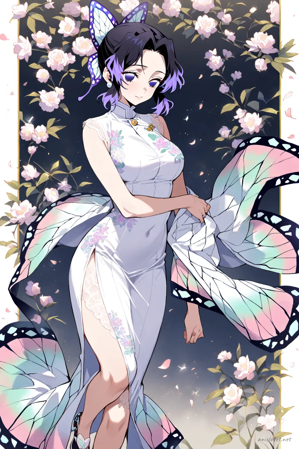 Knee-up illustration of Shinobu Kocho wearing a white silk qipao with soft lace trim and delicate frog buttons under soft studio lighting