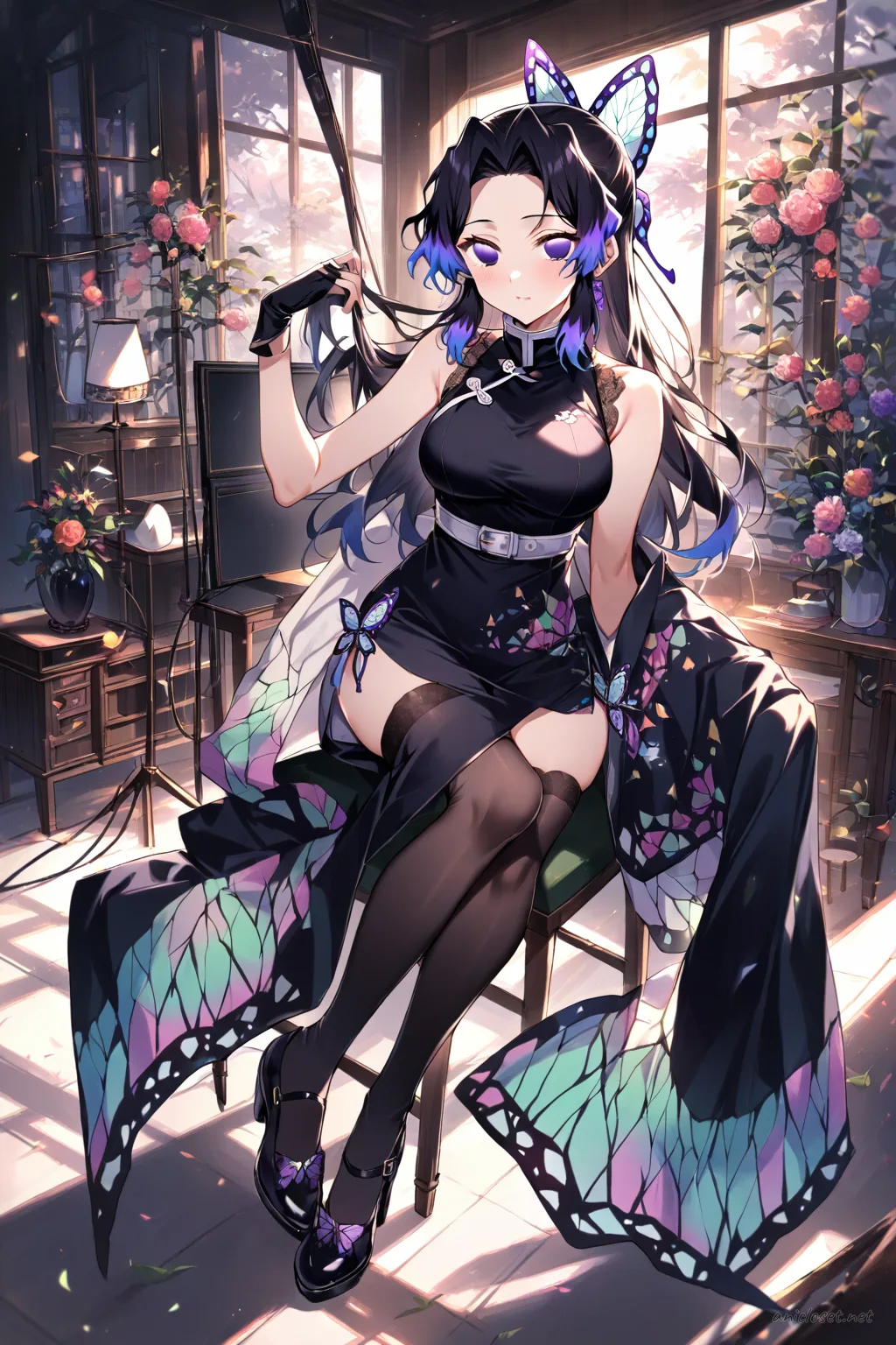 Illustration of Shinobu Kocho wearing a black gothic qipao with high collar and lace panels, shown knee-up with soft studio lighting