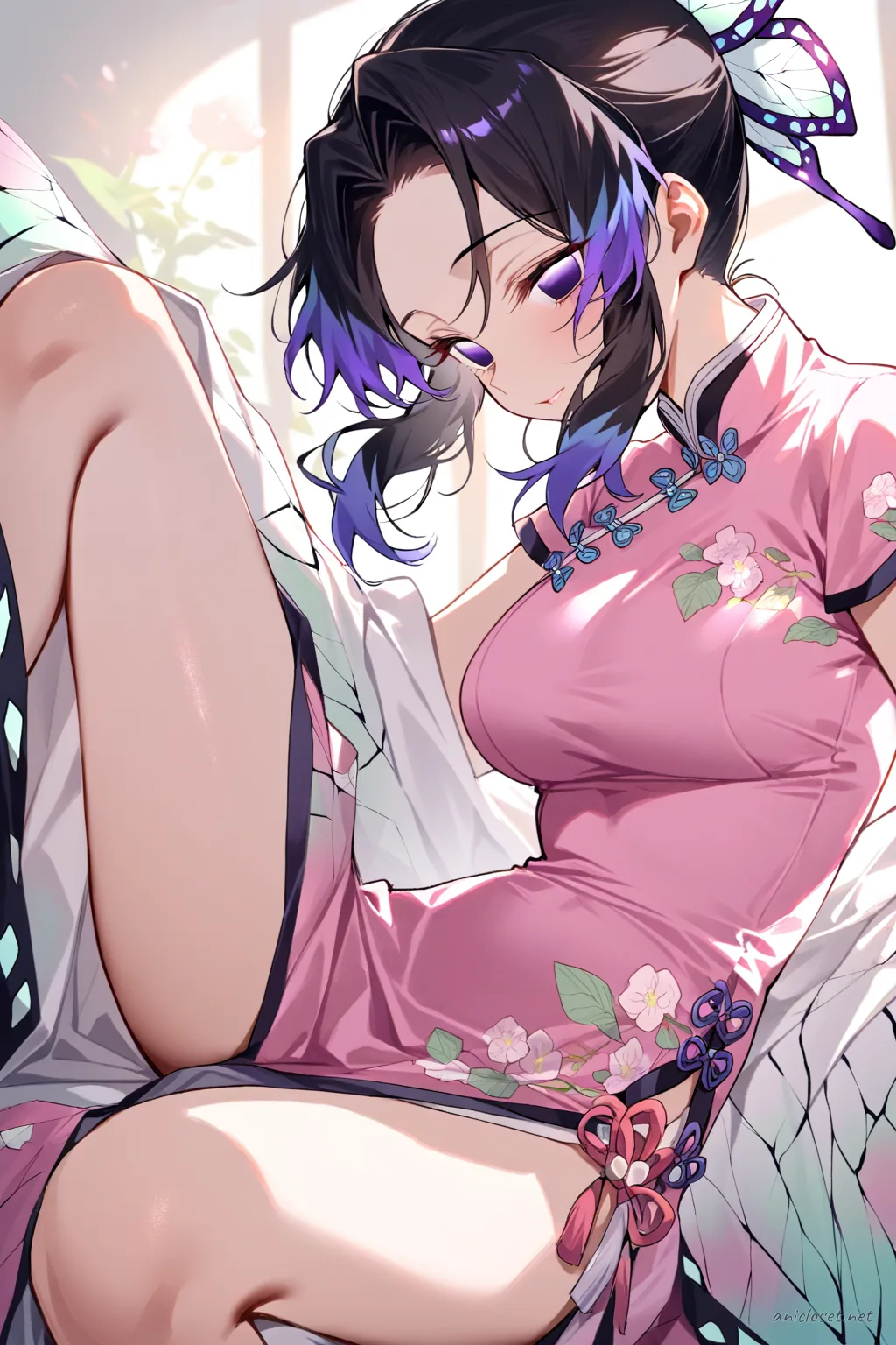 Illustration of Shinobu Kocho wearing a pastel pink qipao with floral embroidery and sheer lace trim, knee-up half-body portrait with soft studio lighting