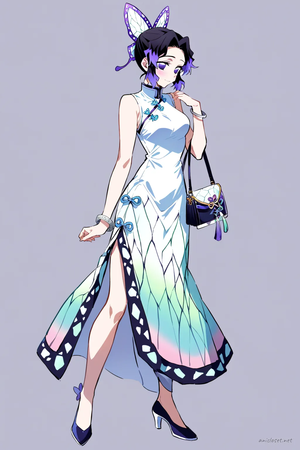 Full-body illustration of Shinobu Kocho wearing a modern short teal qipao dress with high slit and mandarin collar, paired with teal heels and a small handbag on a clean studio background