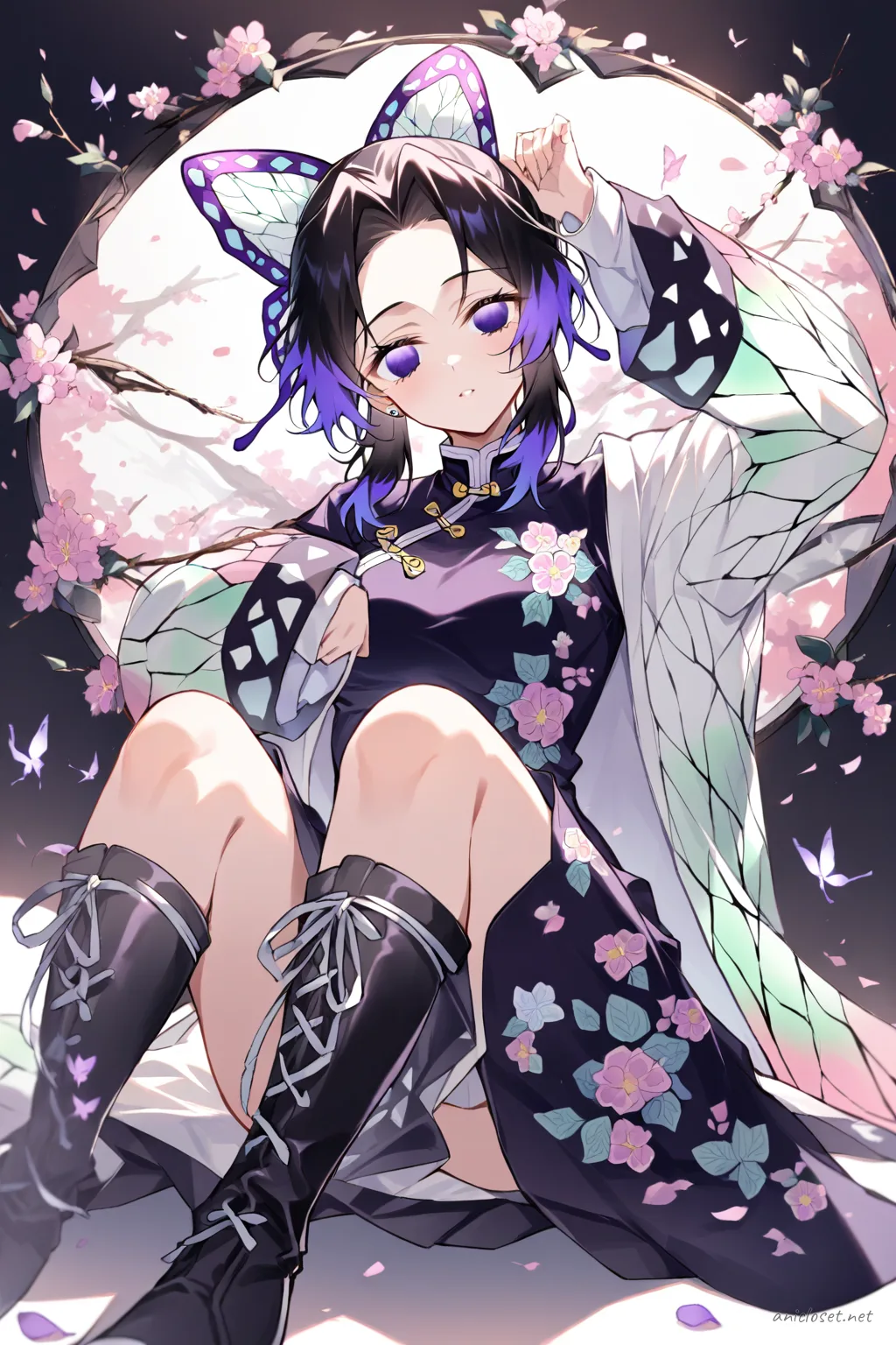 Illustration of Shinobu Kocho wearing a dark teal long-sleeve winter qipao with subtle floral embroidery, cropped white faux fur-trim jacket, and black mid-calf leather boots in soft studio lighting