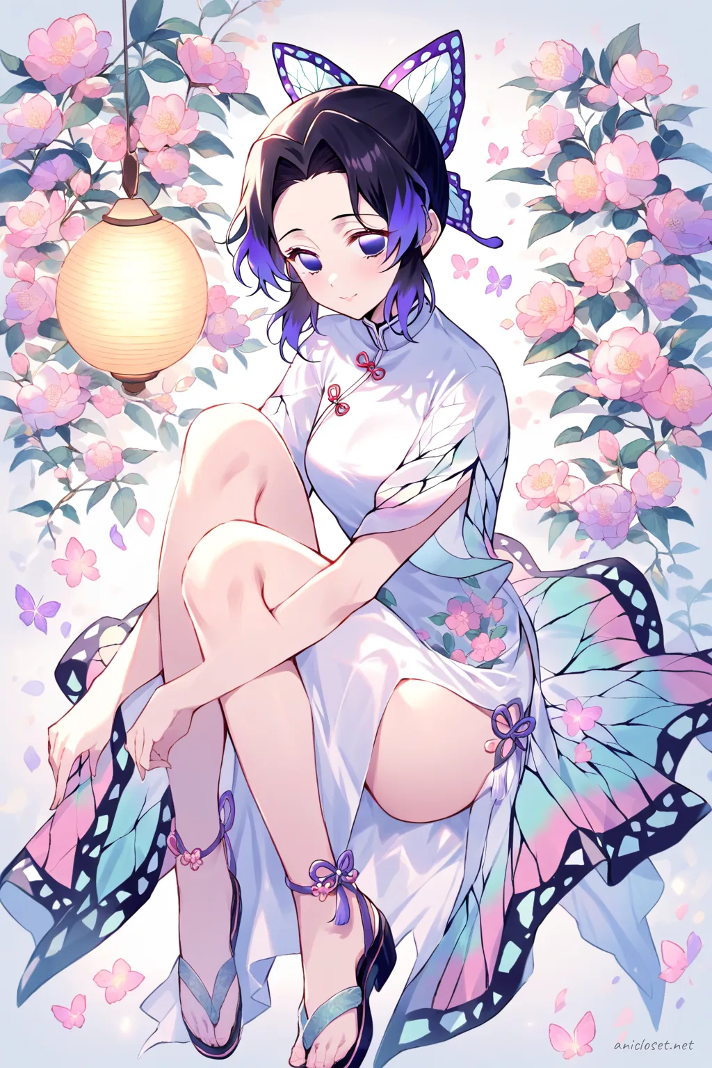 Illustration of Shinobu Kocho in a pastel short-sleeve qipao with embroidered floral pattern, airy flared hem, side slit, and ankle strap sandals under soft studio lighting