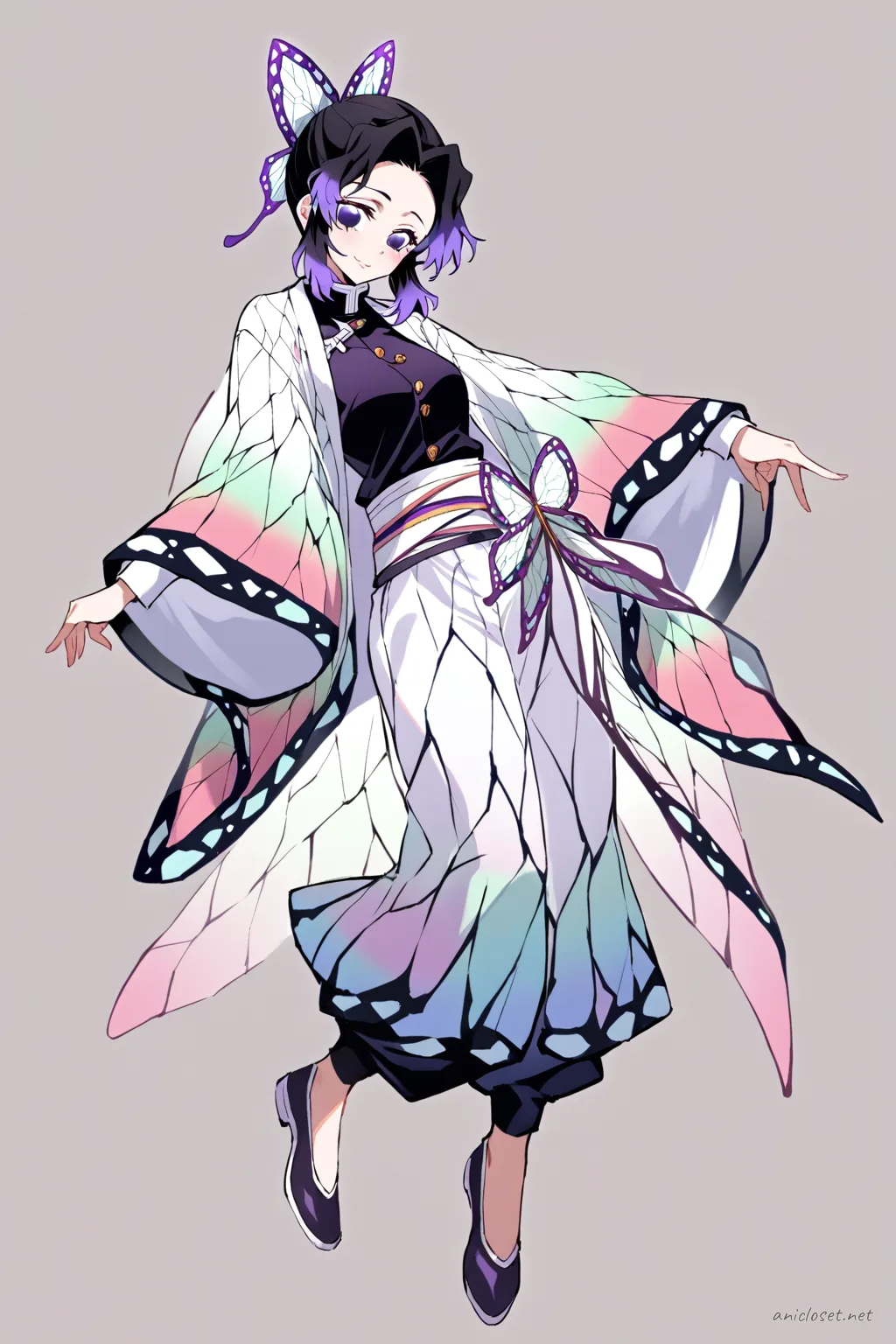 Full-body three-quarter view illustration of Shinobu Kocho wearing a qipao top with soft wide trousers and a ribbon sash, standing against a studio background