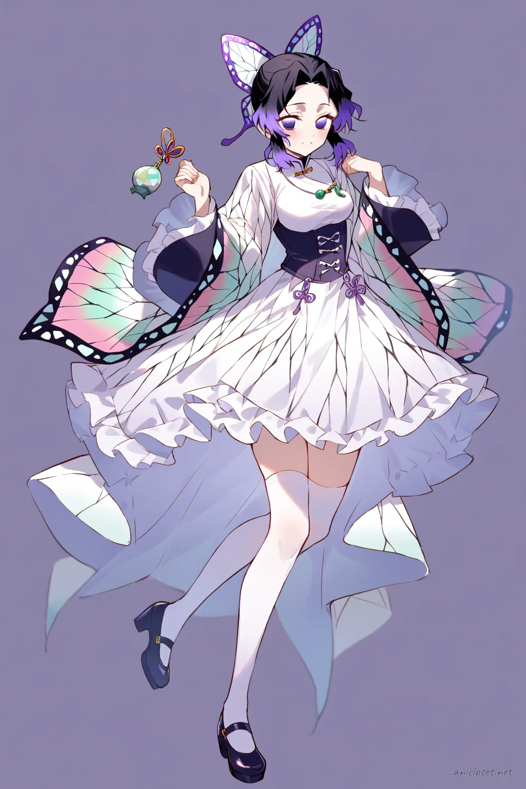 Full-body three-quarter view illustration of Shinobu Kocho wearing a high-collared qipao with frilled hem skirt, jade charm necklace, lace-trimmed sleeves, fitted bodice, knee-high white stockings, and mary jane shoes against a simple studio background