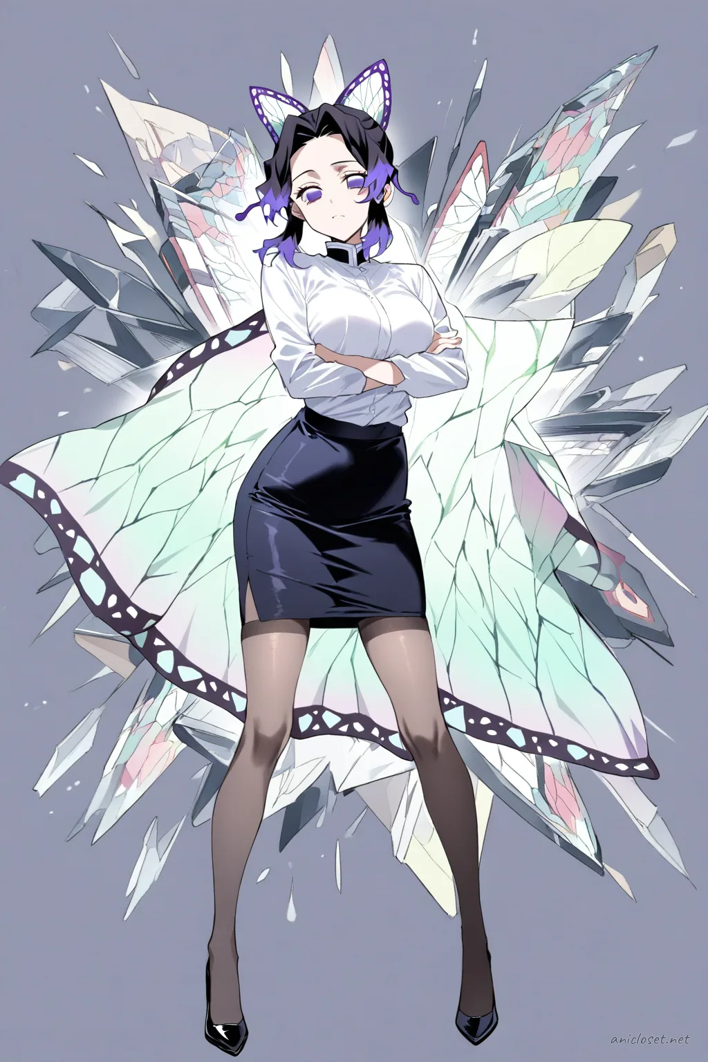 Full-body three-quarter view of Shinobu Kocho wearing a black slim pencil skirt, white blouse with ribbon tie, sheer black tights, and black pumps, posed crossing arms in a modern lobby