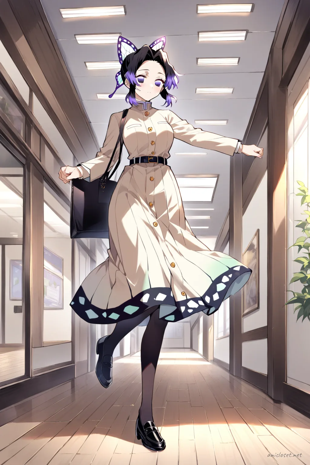 Full-body three-quarter view of Shinobu Kocho wearing a beige tailored blazer dress with belted waist, black loafers, sheer tights, carrying a leather tote in an office corridor