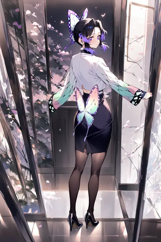 Full-body three-quarter view of Shinobu Kocho wearing a black cropped blazer over white silk camisole, high-waist black pencil skirt, sheer tights, and black pumps in an elevator lobby, looking back pose