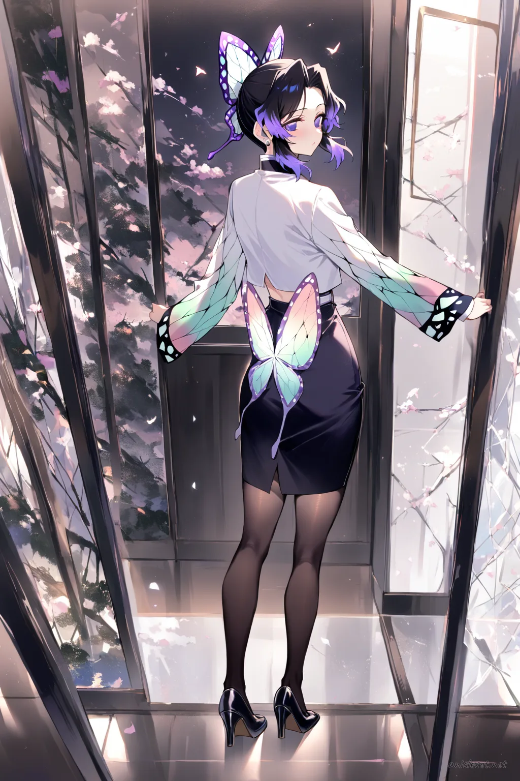 Full-body three-quarter view of Shinobu Kocho wearing a black cropped blazer over white silk camisole, high-waist black pencil skirt, sheer tights, and black pumps in an elevator lobby, looking back pose