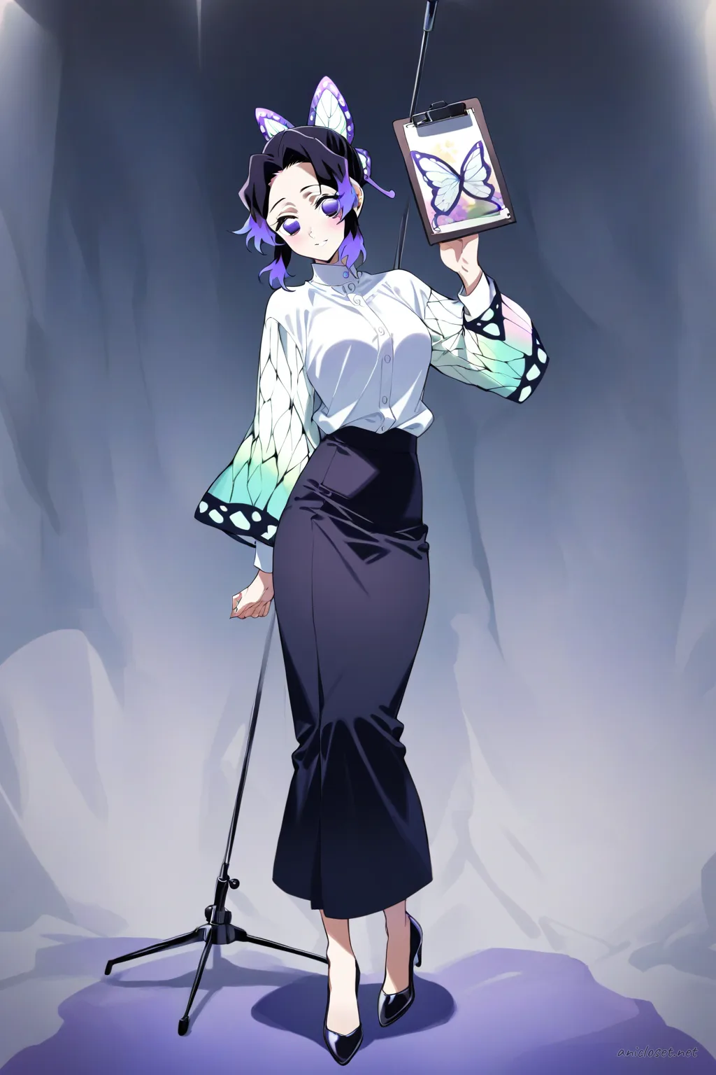 Full-body illustration of Shinobu Kocho wearing a white blouse with sheer long sleeves tucked into a black midi pencil skirt, black pumps, holding a clipboard, standing in a clean studio backdrop
