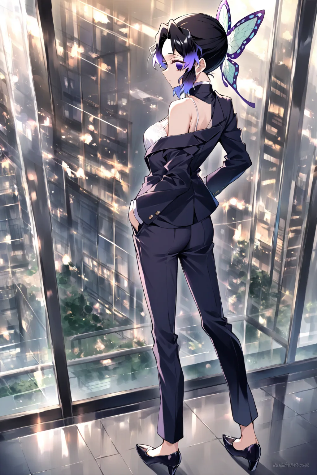 Illustration of Shinobu Kocho in a grey check pantsuit with fitted blazer and silk camisole, posing with hand in pocket outside a glass building