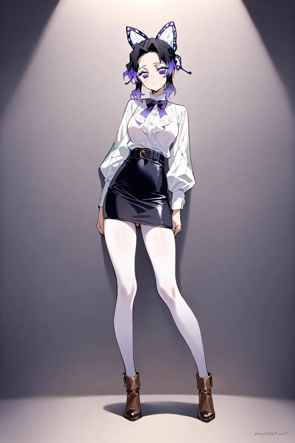 Full-body illustration of Shinobu Kocho in a cream pussy-bow blouse, brown leather pencil skirt, opaque tights, and brown ankle boots standing against a clean studio backdrop