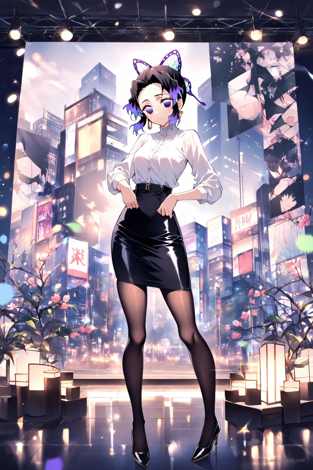 Full-body illustration of Shinobu Kocho in a black peplum jacket and slim pencil skirt, wearing statement gold earrings and black leather pumps, standing in a clean studio backdrop