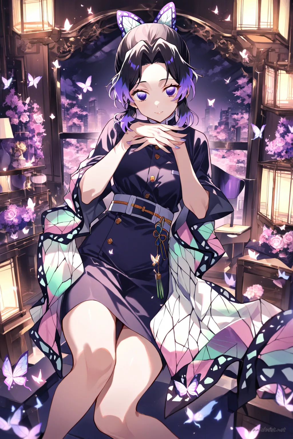 Illustration of Shinobu Kocho wearing a navy wrap blouse and knee-length pencil skirt, leaning on an office balcony railing with wind blowing her hair