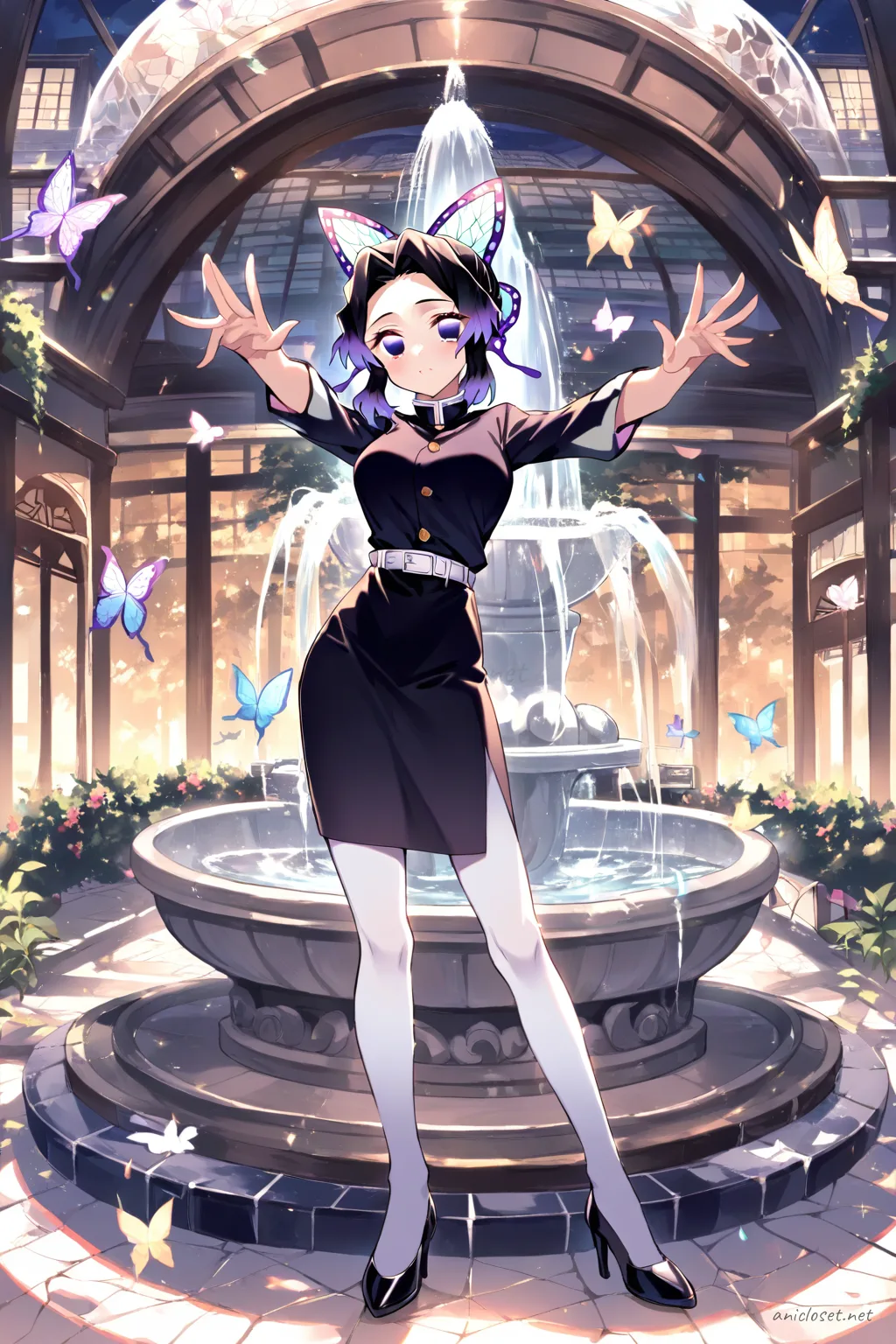 Full-body illustration of Shinobu Kocho in formal attire with black blouse, high-waist pencil skirt, opaque tights, and black heels against a clean studio backdrop