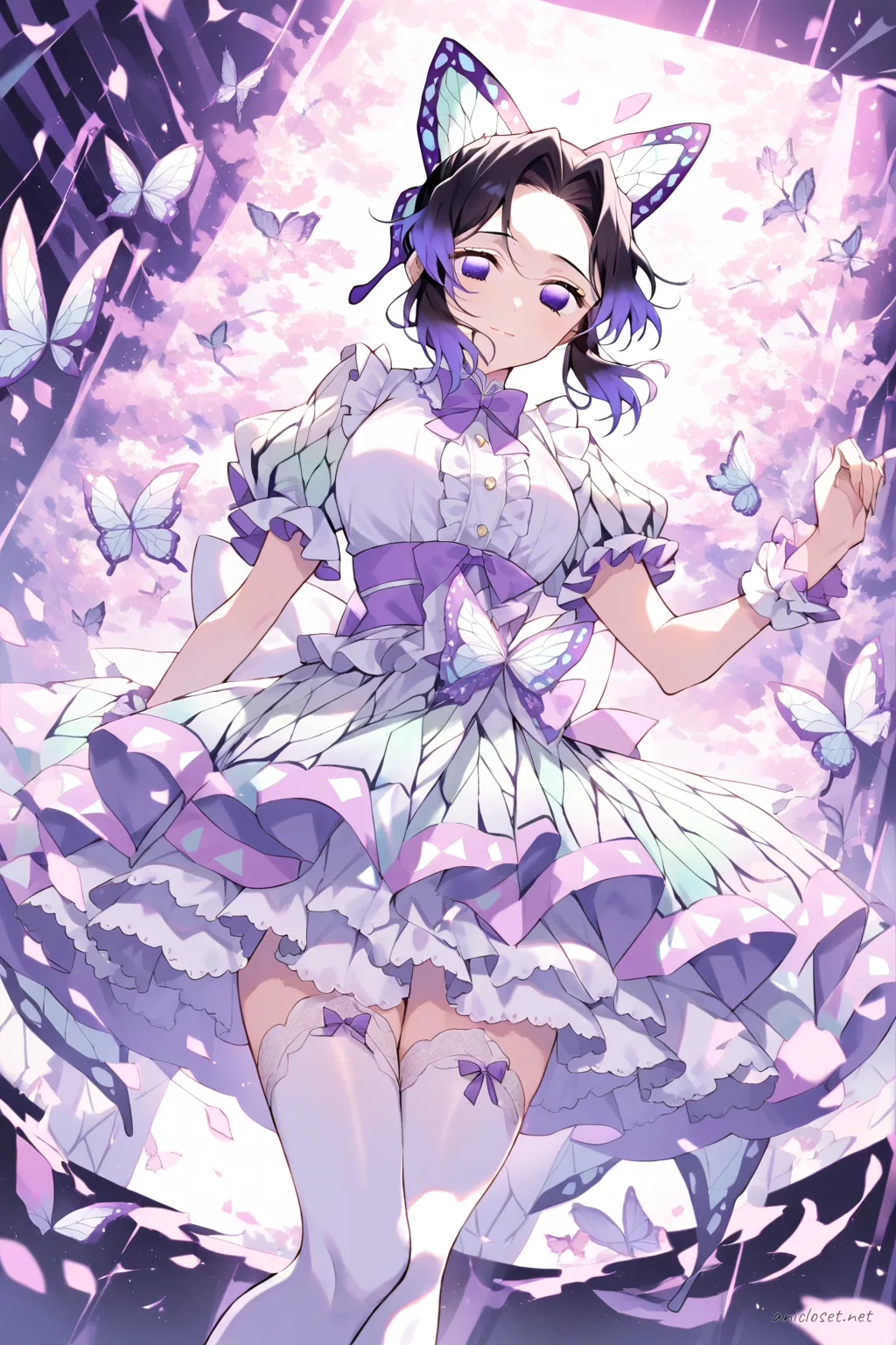Knee-up half-body illustration of Shinobu Kocho wearing a frilly pastel purple and white idol dress with a large stage bow at the waist, puffed short sleeves, layered skirt with lace trim, white thigh-high stockings, white heeled mary jane shoes, and delicate fingerless gloves, set against a clean background with soft studio lighting