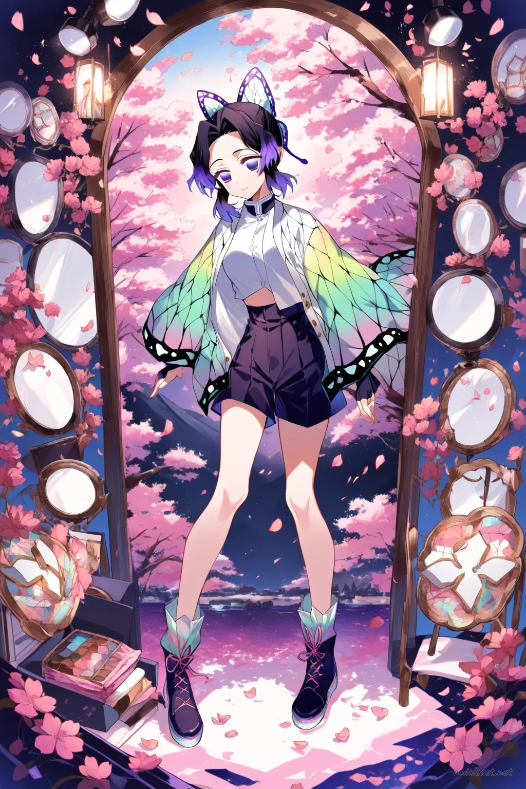 Illustration of Shinobu Kocho standing in a colorful bomber jacket, high-waisted shorts, crop top, fingerless gloves, and ankle boots