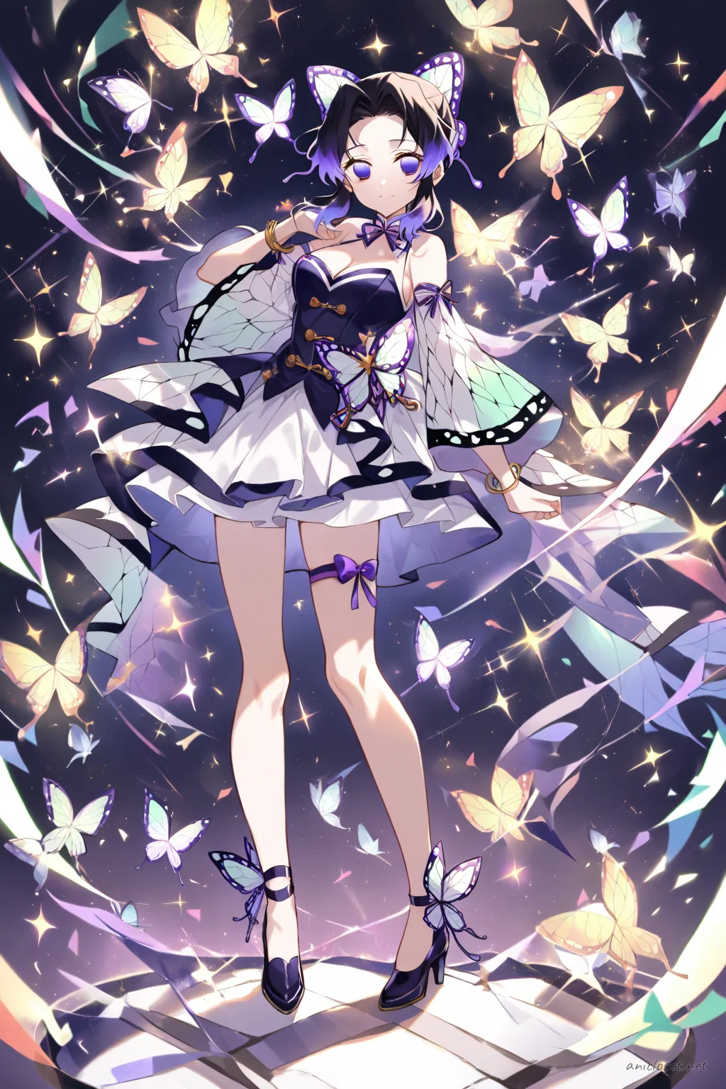 Full-body illustration of Shinobu Kocho in an award-show idol mini dress with sparkle bodice, short layered skirt, sheer arm sleeves, and ankle strap heels, standing against a clean studio backdrop
