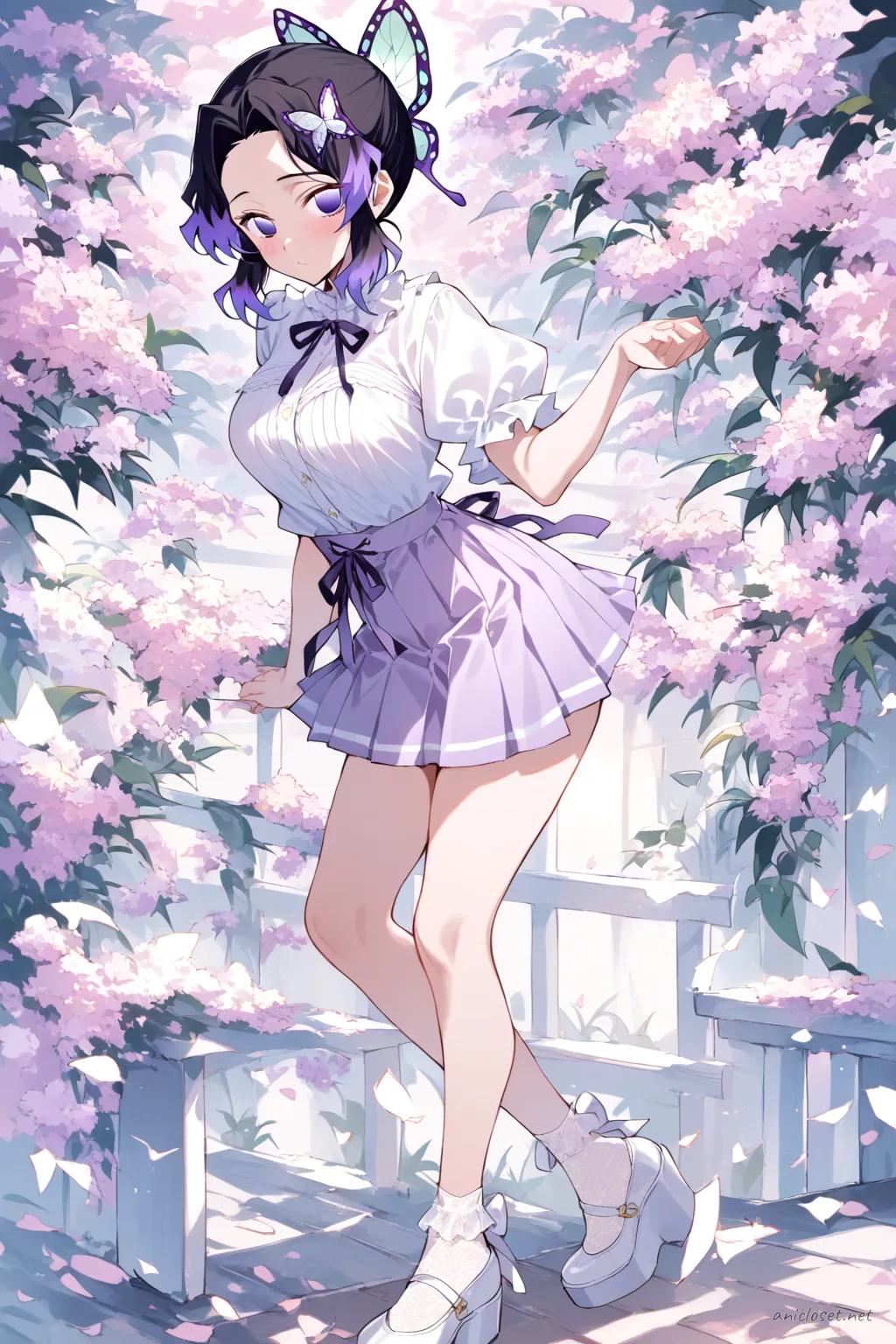 Full-body illustration of Shinobu Kocho in pastel idol twin-ribbon costume with pleated lavender skirt and white platform mary jane shoes on clean backdrop